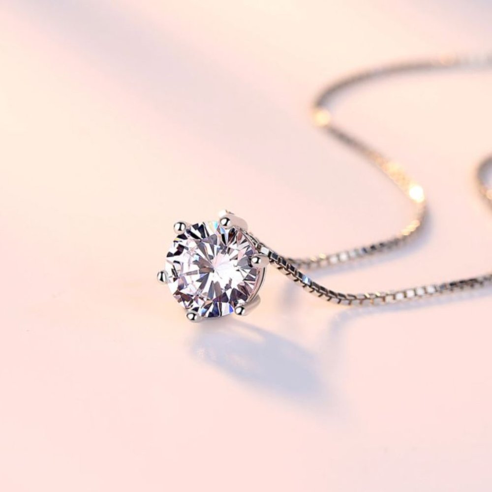 925 Sterling Silver Solitaire  Diamond Necklace - Picture 4 of 7